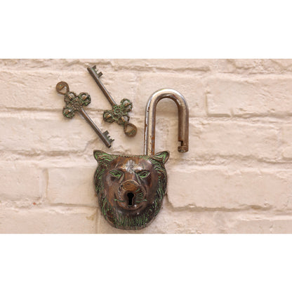 Handmade Old Vintage Style Dark Brown Antique Lion Face Shape Brass Security Lock with 2 Keys, Size-6x13.97 cm