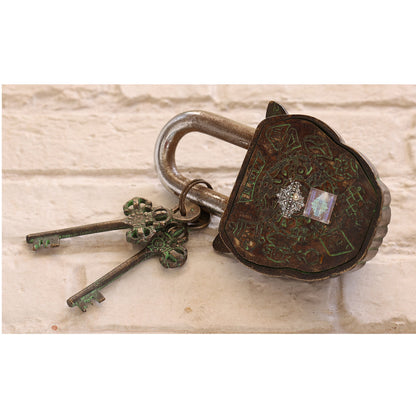 Handmade Old Vintage Style Dark Brown Antique Lion Face Shape Brass Security Lock with 2 Keys, Size-6x13.97 cm