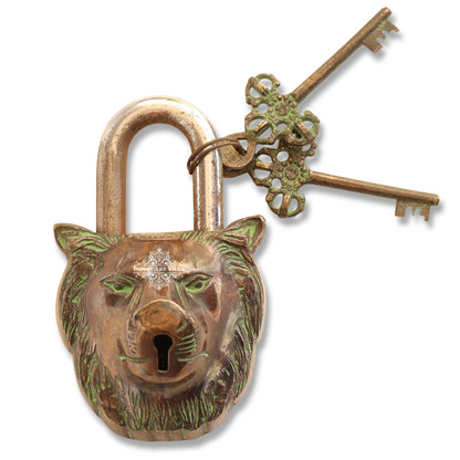 Handmade Old Vintage Style Dark Brown Antique Lion Face Shape Brass Security Lock with 2 Keys, Size-6x13.97 cm
