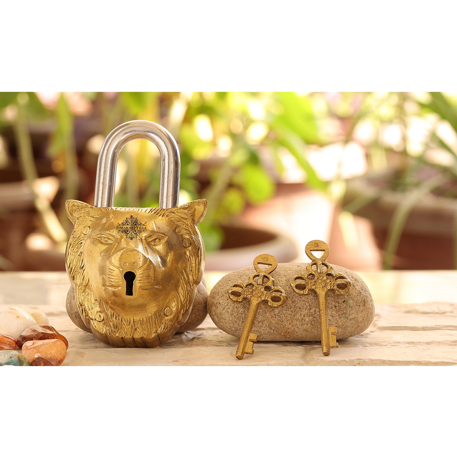Handmade Old Vintage Style Black Lion Shape Brass Security Lock with 2 Keys, Size - 3 x 13.97 cm