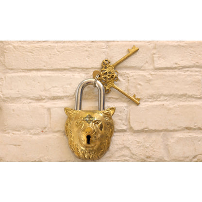 Handmade Old Vintage Style Black Lion Shape Brass Security Lock with 2 Keys, Size - 3 x 13.97 cm
