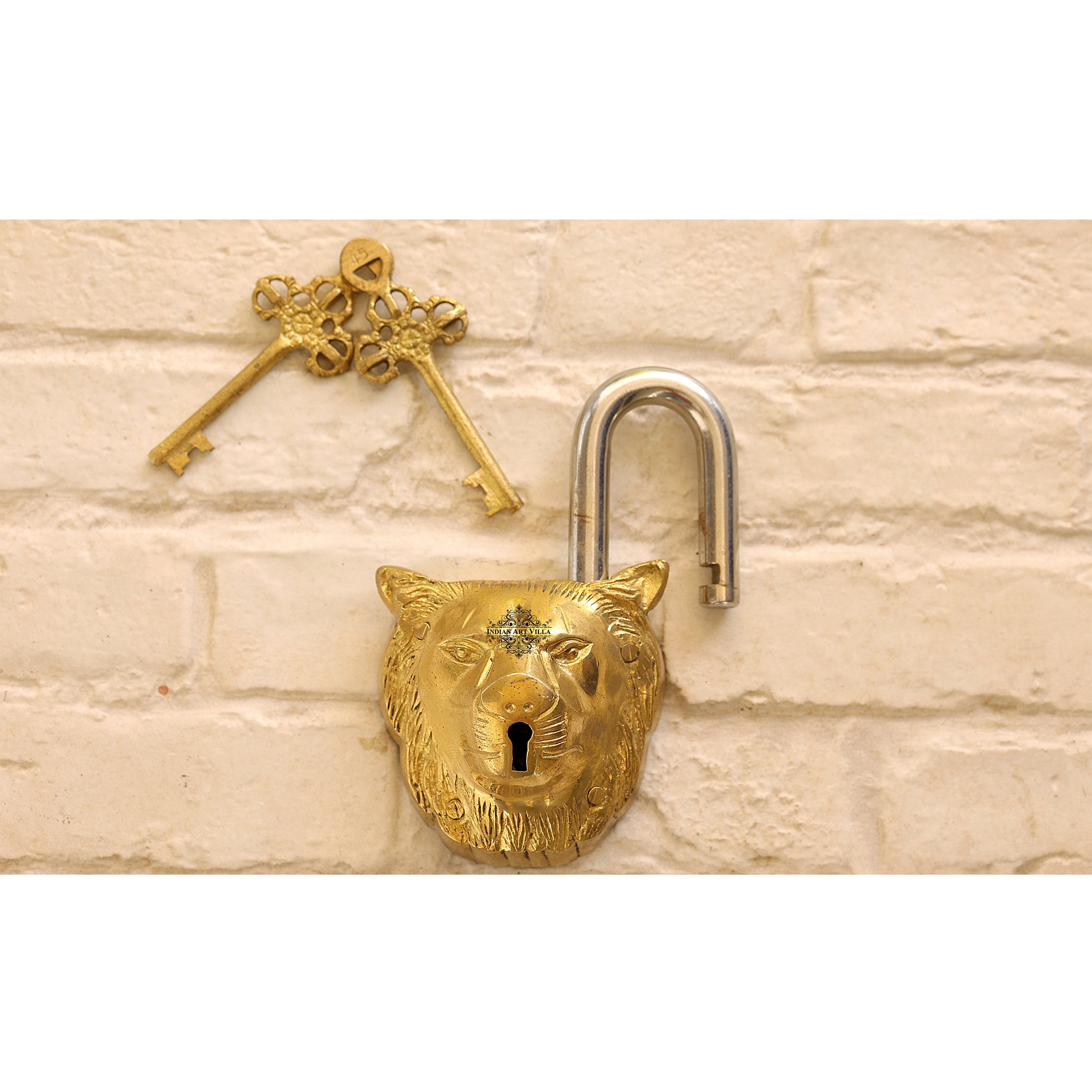 Handmade Old Vintage Style Black Lion Shape Brass Security Lock with 2 Keys, Size - 3 x 13.97 cm
