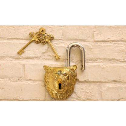 Handmade Old Vintage Style Black Lion Shape Brass Security Lock with 2 Keys, Size - 3 x 13.97 cm