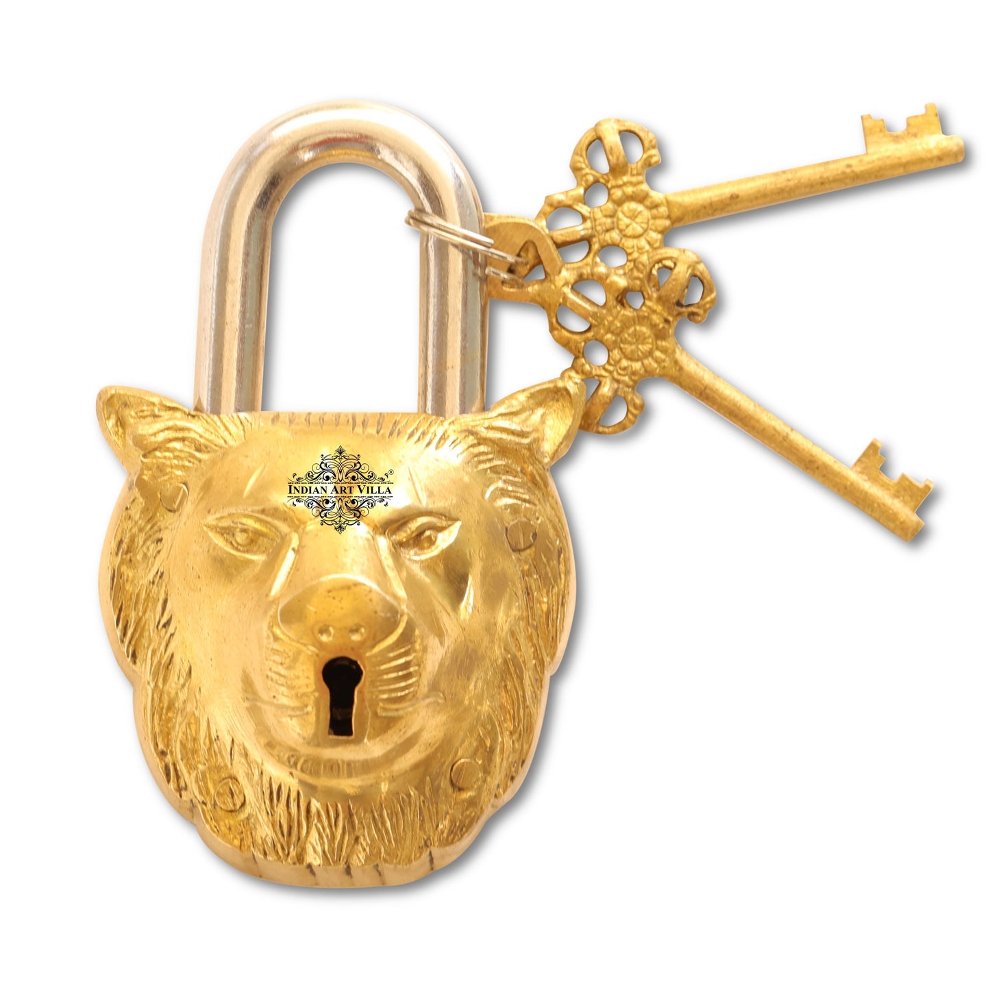 Handmade Old Vintage Style Black Lion Shape Brass Security Lock with 2 Keys, Size - 3 x 13.97 cm