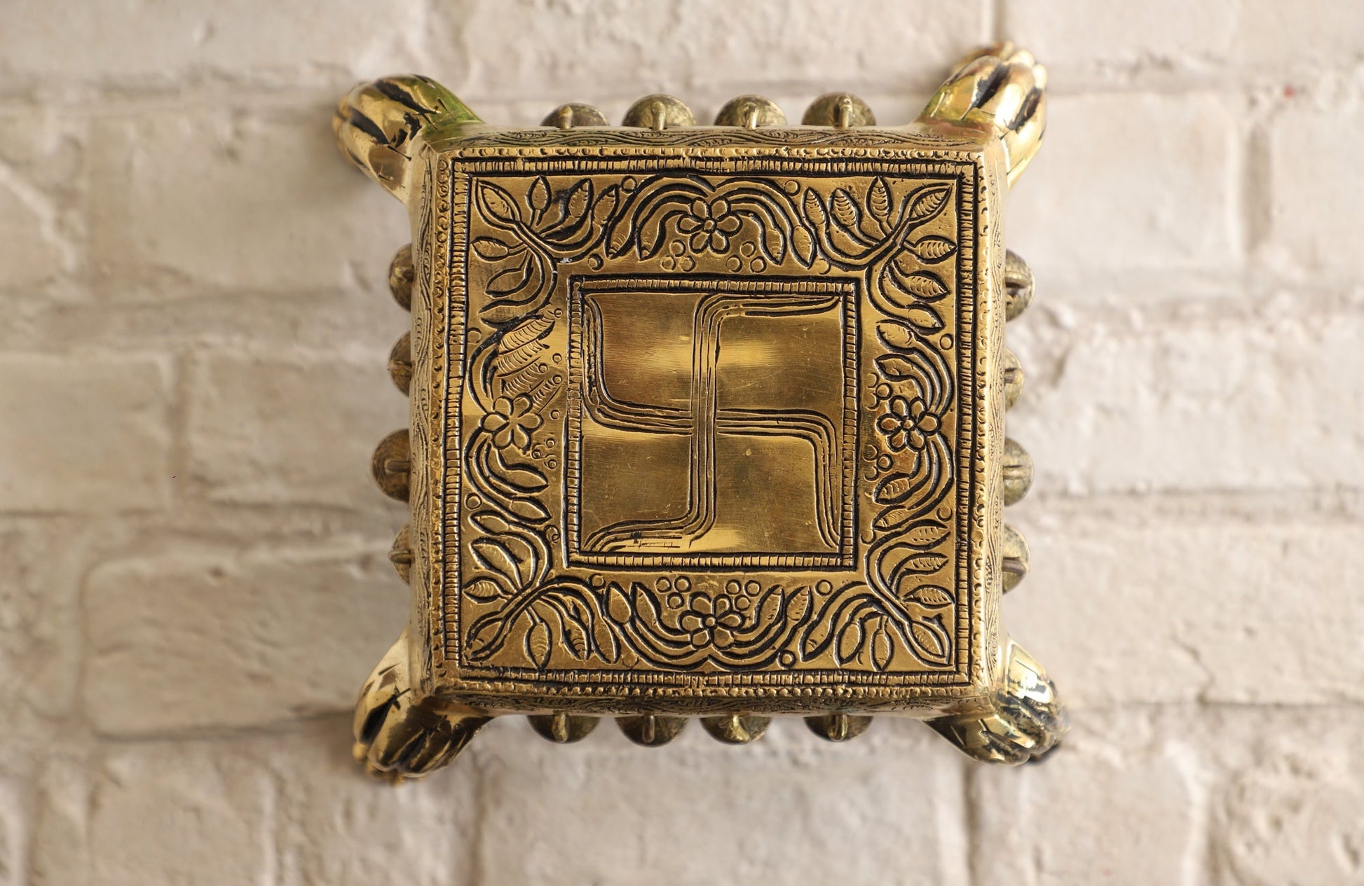 Brass Chowki with Antique Dark Deep Swastik Embossed Design, Size- 3.5x12.70 cm