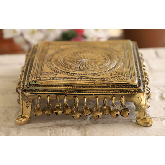 Pure Brass Chowki with Antique Dark Deep Chakra Embossed Design, Size- 2x19.05 cm