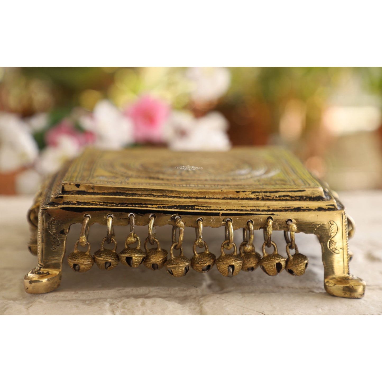 Pure Brass Chowki with Antique Dark Deep Chakra Embossed Design, Size- 2x19.05 cm