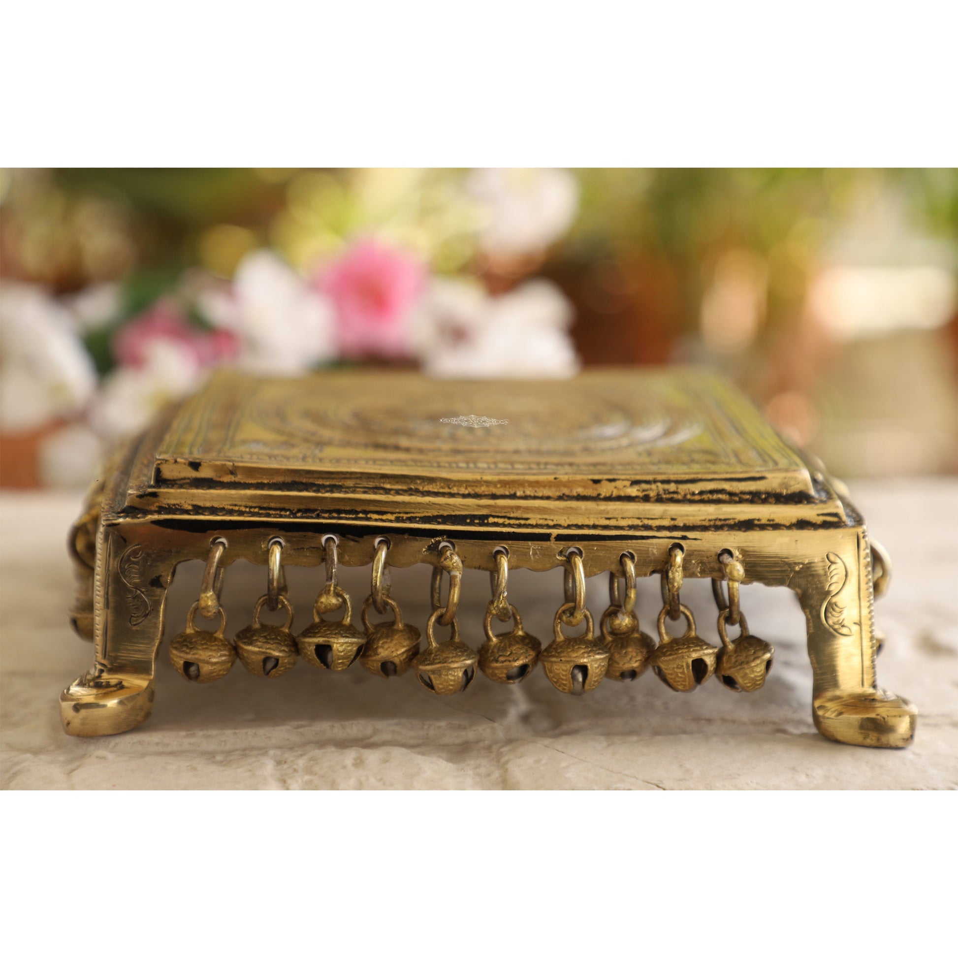 Pure Brass Chowki with Antique Dark Deep Chakra Embossed Design, Size- 2x19.05 cm