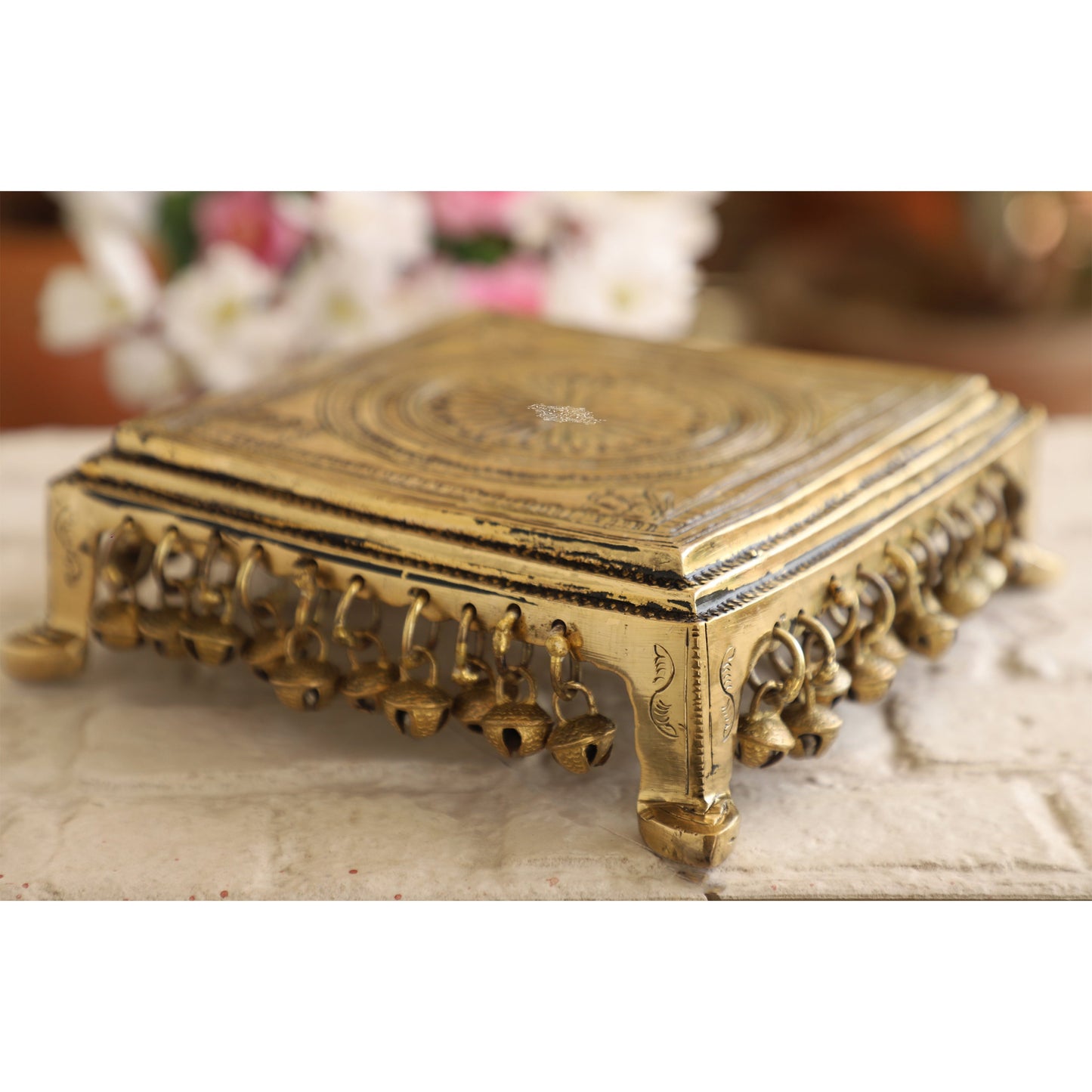 Pure Brass Chowki with Antique Dark Deep Chakra Embossed Design, Size- 2x19.05 cm