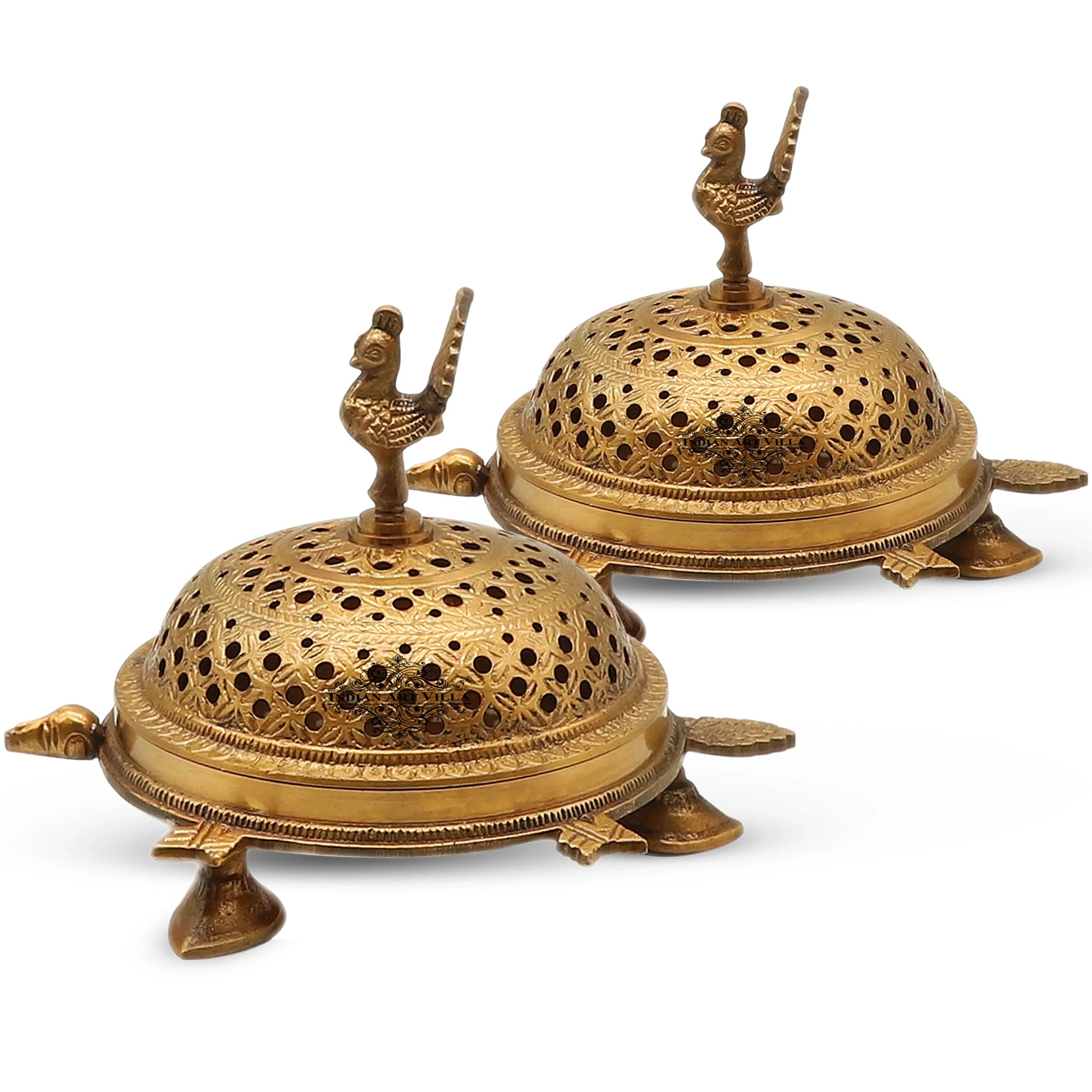 Pure Brass Antique Dark Incense Holder / Dhoop Dani in Tortoise Design, Size- 7.6 X 7.11 cm