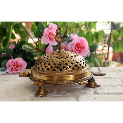 Pure Brass Antique Dark Incense Holder / Dhoop Dani in Tortoise Design, Size- 7.6 X 7.11 cm