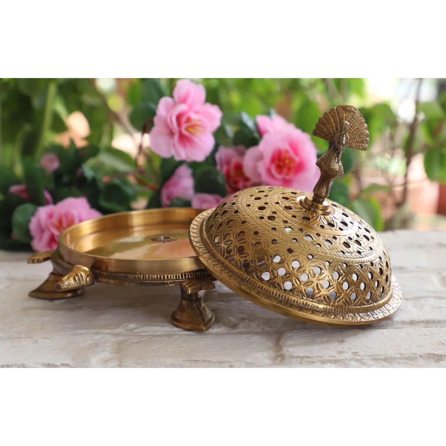 Pure Brass Antique Dark Incense Holder / Dhoop Dani in Tortoise Design, Size- 7.6 X 7.11 cm