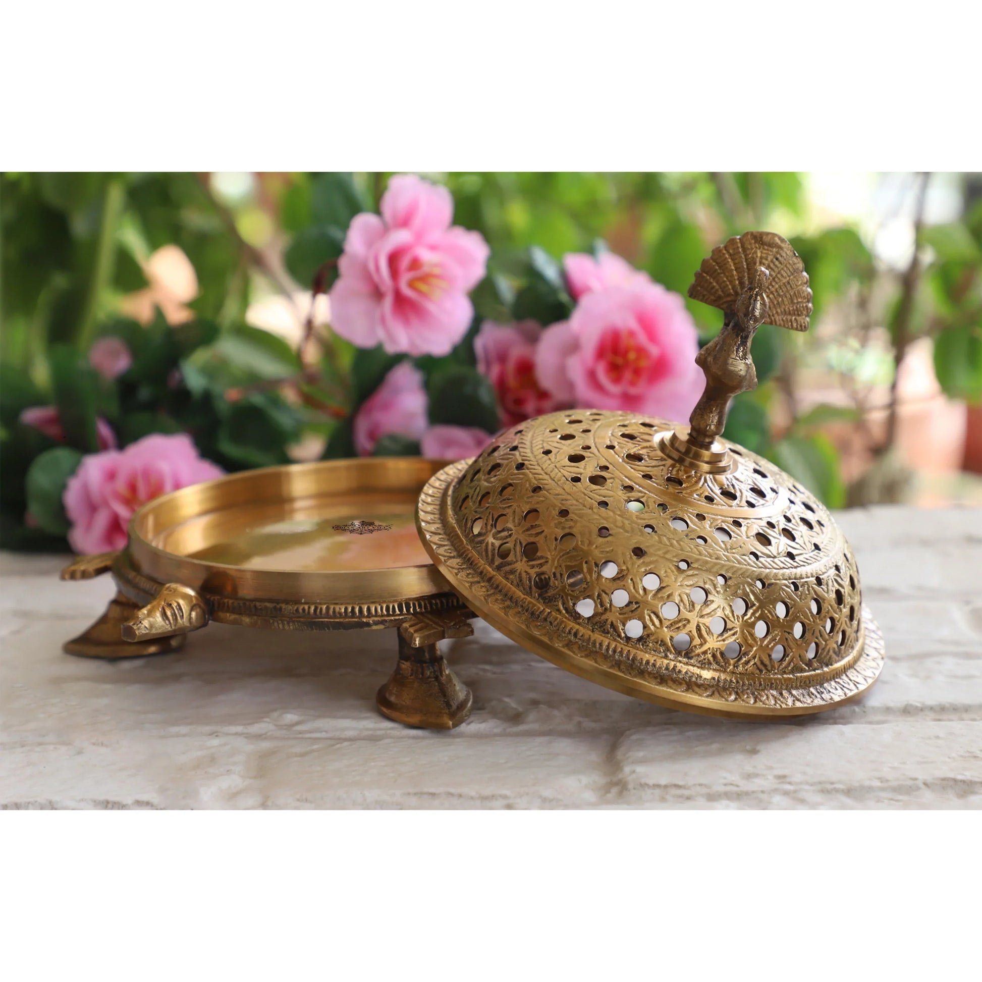 Pure Brass Antique Dark Incense Holder / Dhoop Dani in Tortoise Design, Size- 7.6 X 7.11 cm