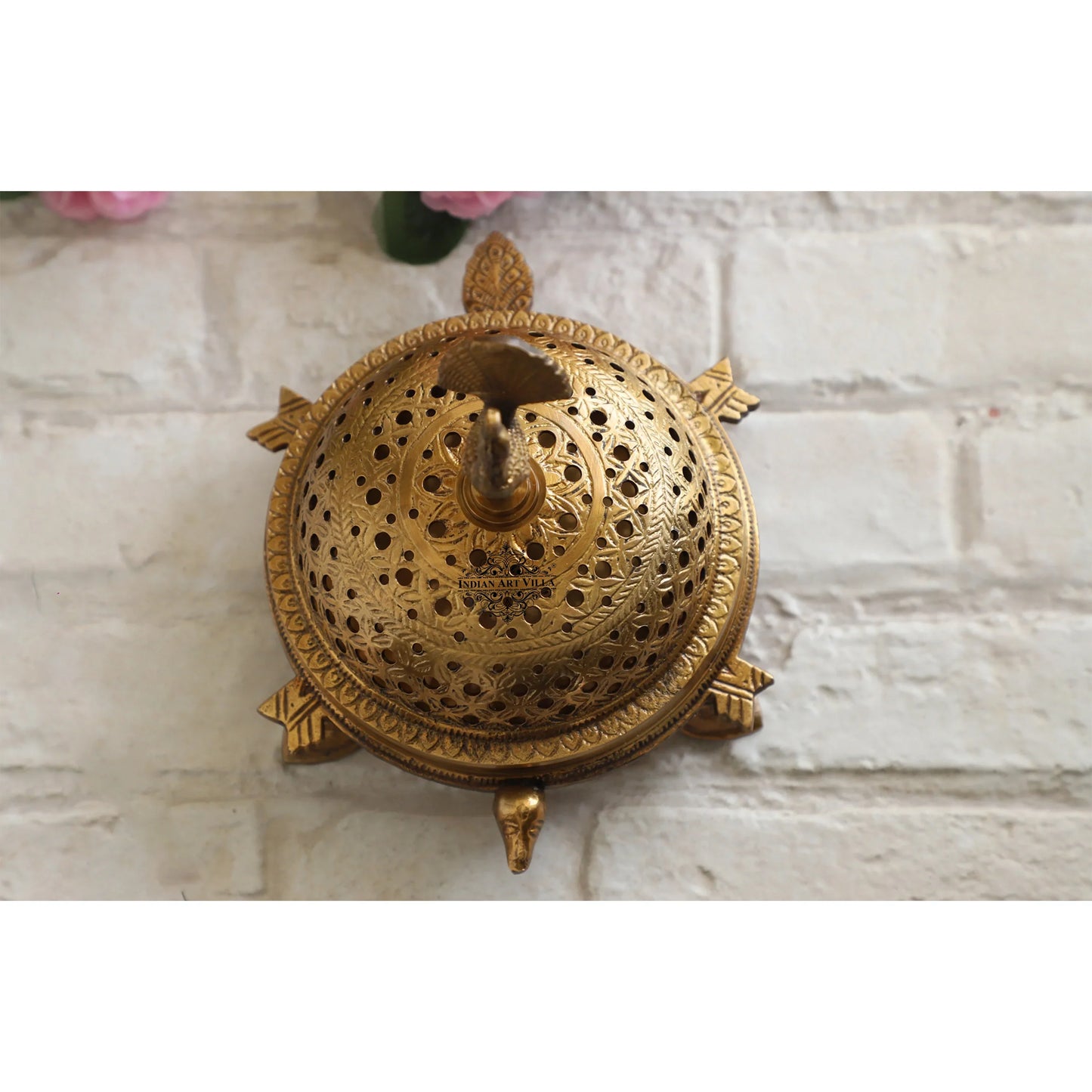 Pure Brass Antique Dark Incense Holder / Dhoop Dani in Tortoise Design, Size- 7.6 X 7.11 cm