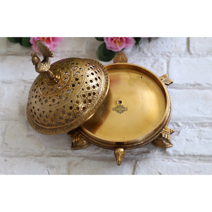Pure Brass Antique Dark Incense Holder / Dhoop Dani in Tortoise Design, Size- 7.6 X 7.11 cm
