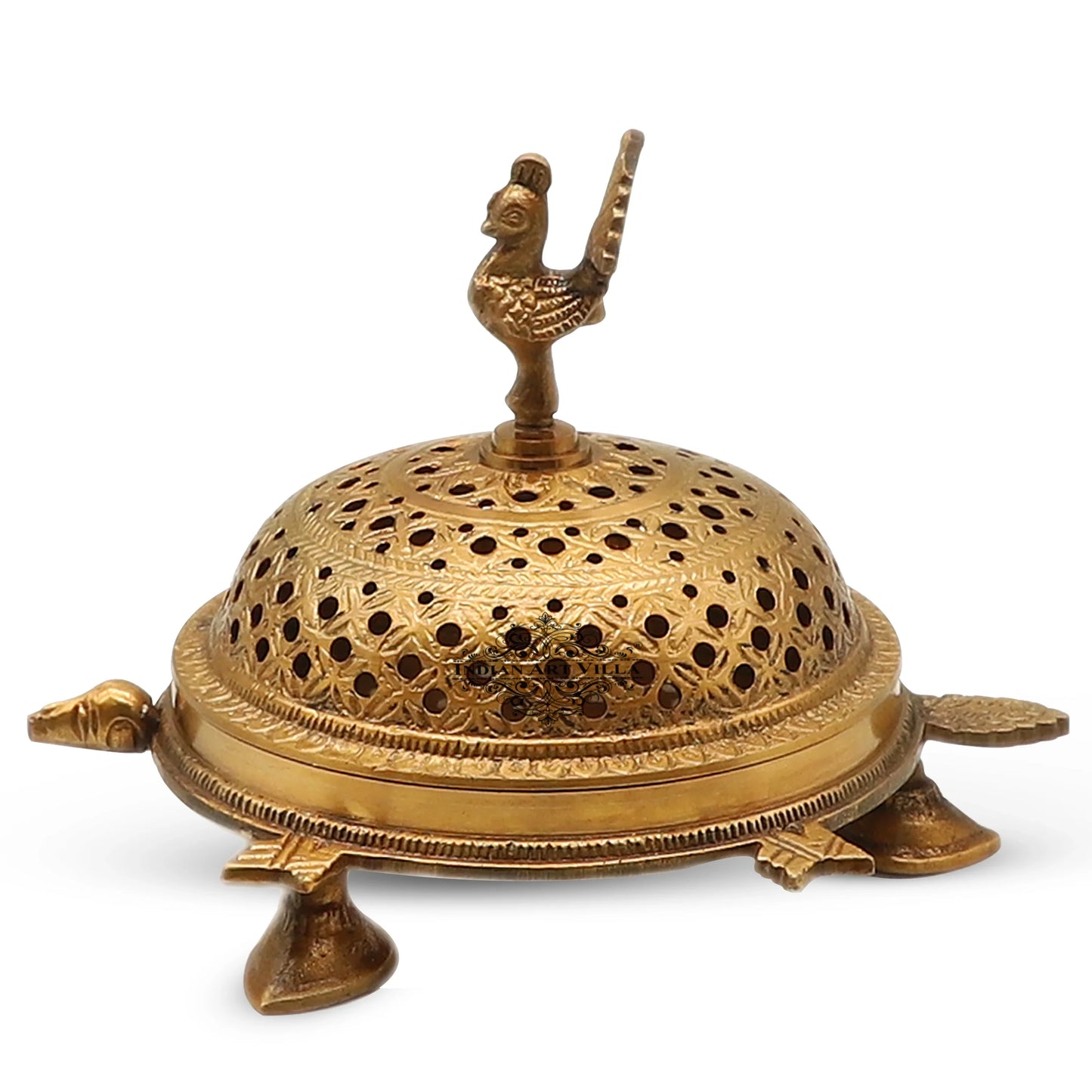 Pure Brass Antique Dark Incense Holder / Dhoop Dani in Tortoise Design, Size- 7.6 X 7.11 cm