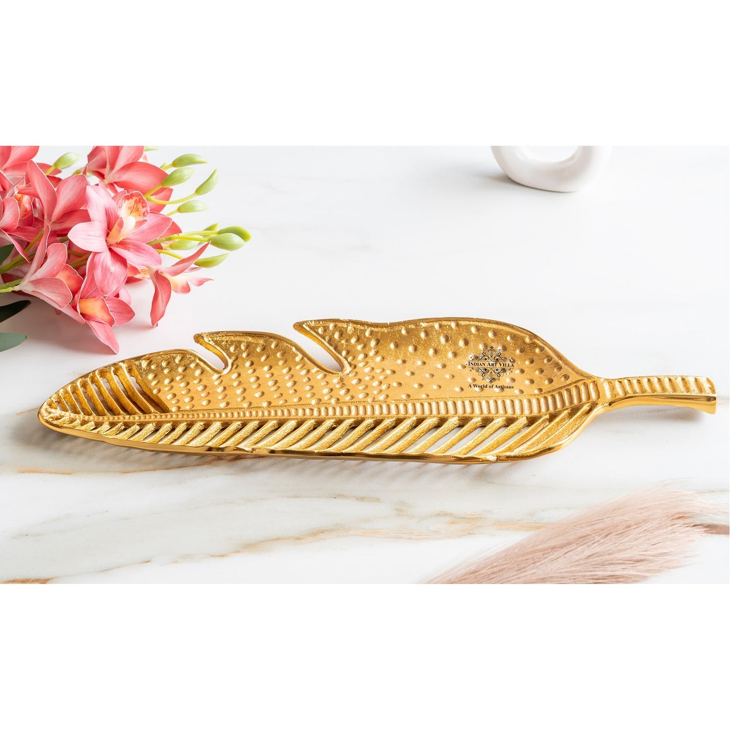 Brass & Antique Lacquer Matt Finish Leaf With Cutting Design Decorative Tray, – Elegant Display Tray, Home Décor Accent, Table Centerpiece