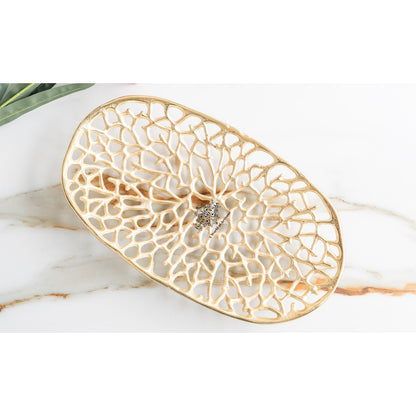 Gold Finish Antique Lacquer Matte Finish Decorative Tray – 47 cm Oval Shape, Cutting Design