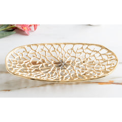 Gold Finish Antique Lacquer Matte Finish Decorative Tray – 47 cm Oval Shape, Cutting Design
