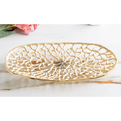 Gold Finish Antique Lacquer Matte Finish Decorative Tray – 47 cm Oval Shape, Cutting Design