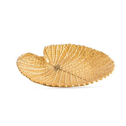 Gold Finish Antique Lacquer Matte Lotus Leaf Design Decorative Platter, Elegant Tableware for Home Decor