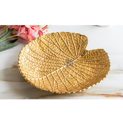 Gold Finish Antique Lacquer Matte Lotus Leaf Design Decorative Platter, Elegant Tableware for Home Decor