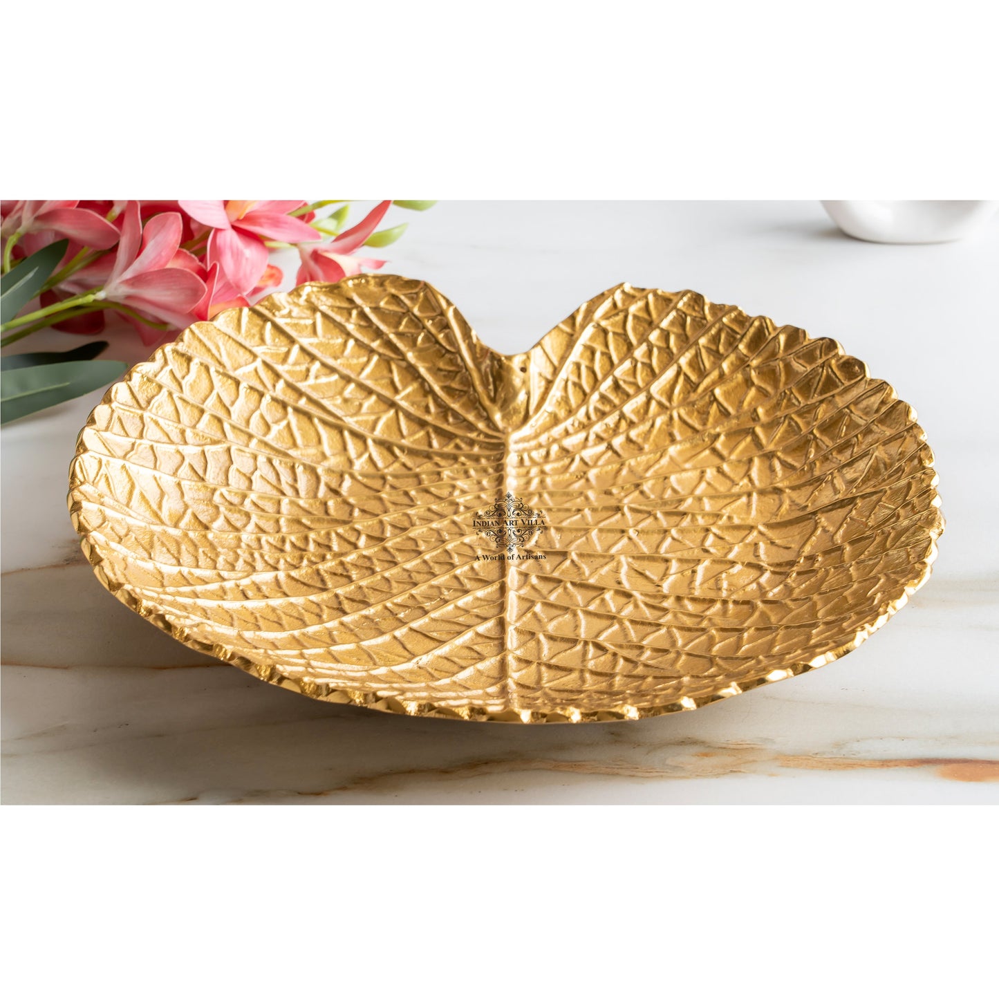 Gold Finish Antique Lacquer Matte Lotus Leaf Design Decorative Platter, Elegant Tableware for Home Decor