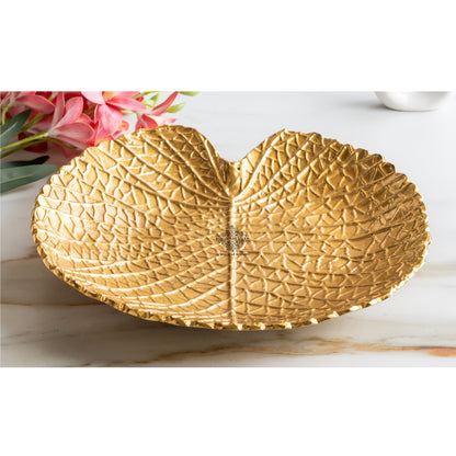 Gold Finish Antique Lacquer Matte Lotus Leaf Design Decorative Platter, Elegant Tableware for Home Decor
