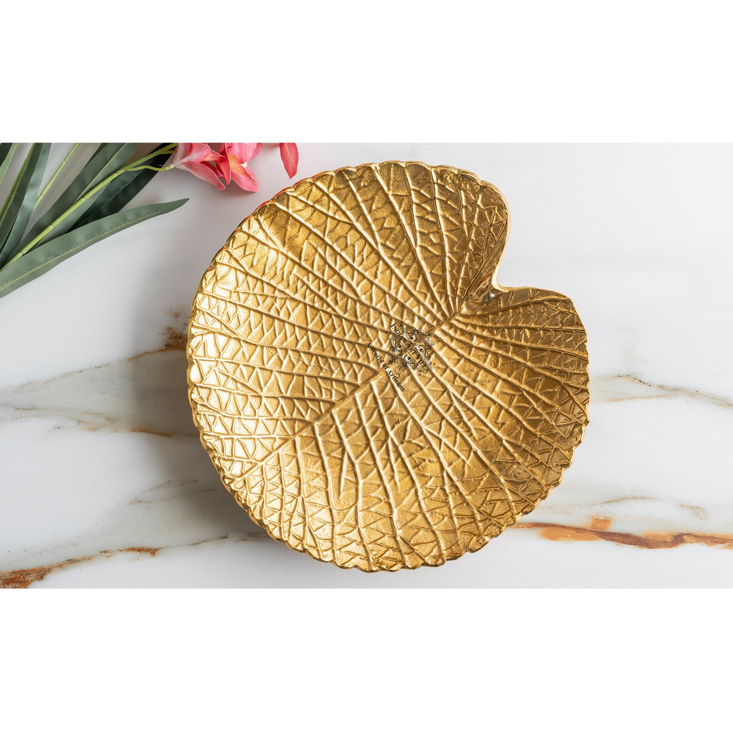 Gold Finish Antique Lacquer Matte Lotus Leaf Design Decorative Platter, Elegant Tableware for Home Decor