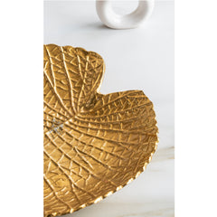 Gold Finish Antique Lacquer Matte Lotus Leaf Design Decorative Platter, Elegant Tableware for Home Decor