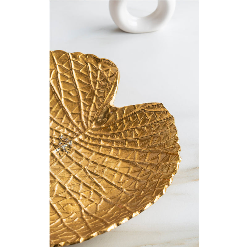 Gold Finish Antique Lacquer Matte Lotus Leaf Design Decorative Platter, Elegant Tableware for Home Decor