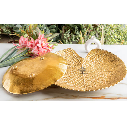 Gold Finish Antique Lacquer Matte Lotus Leaf Design Decorative Platter, Elegant Tableware for Home Decor