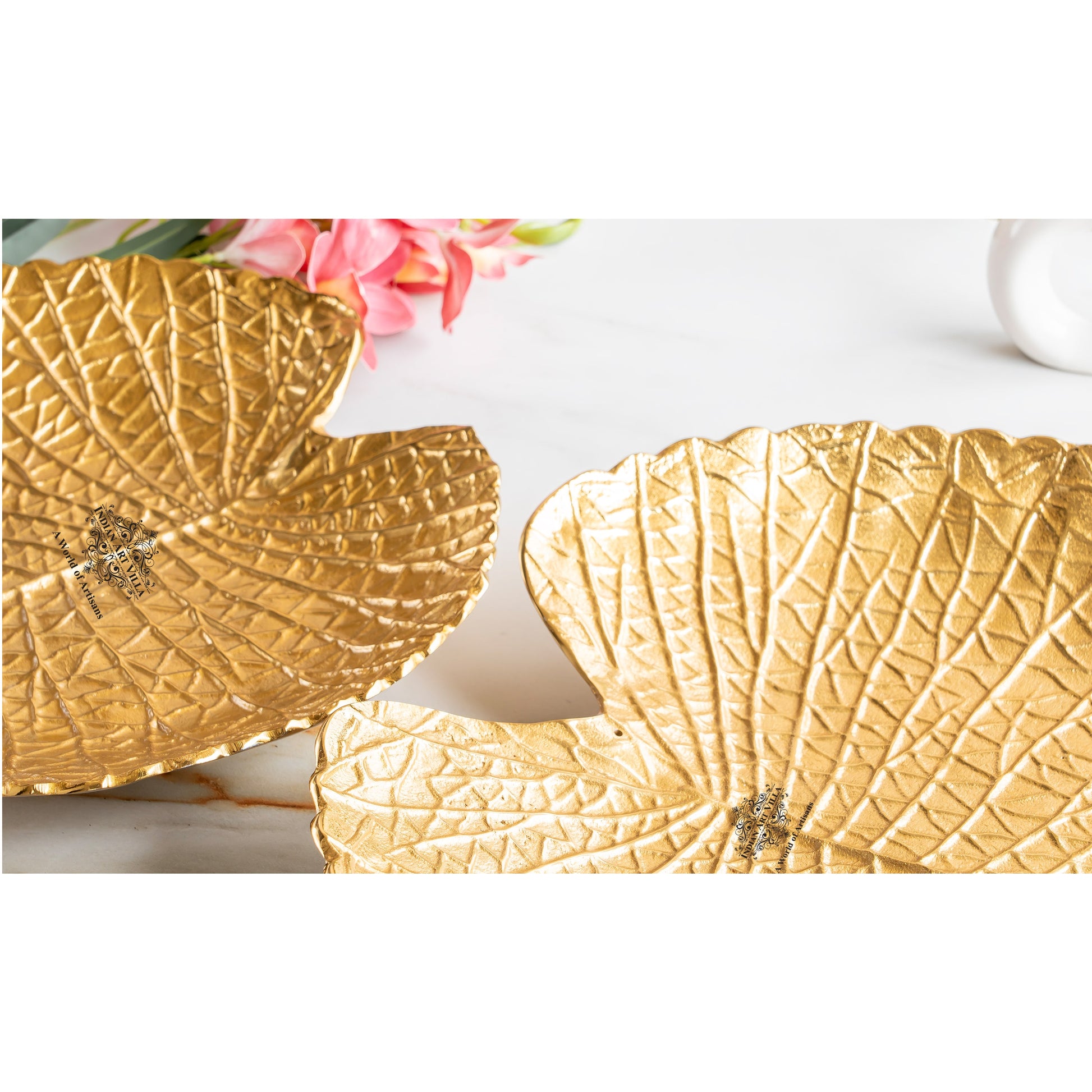 Gold Finish Antique Lacquer Matte Lotus Leaf Design Decorative Platter, Elegant Tableware for Home Decor