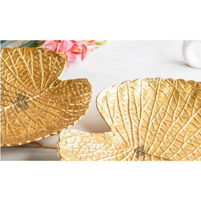 Gold Finish Antique Lacquer Matte Lotus Leaf Design Decorative Platter, Elegant Tableware for Home Decor