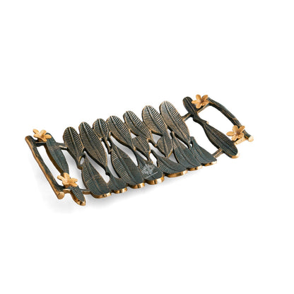 Brass Finish Banana Leaf Design Decorative Tray – Green & Gold Rectangular Serving Tray, Multi-Purpose Organizer for Home, Festive Décor, and Gifting
