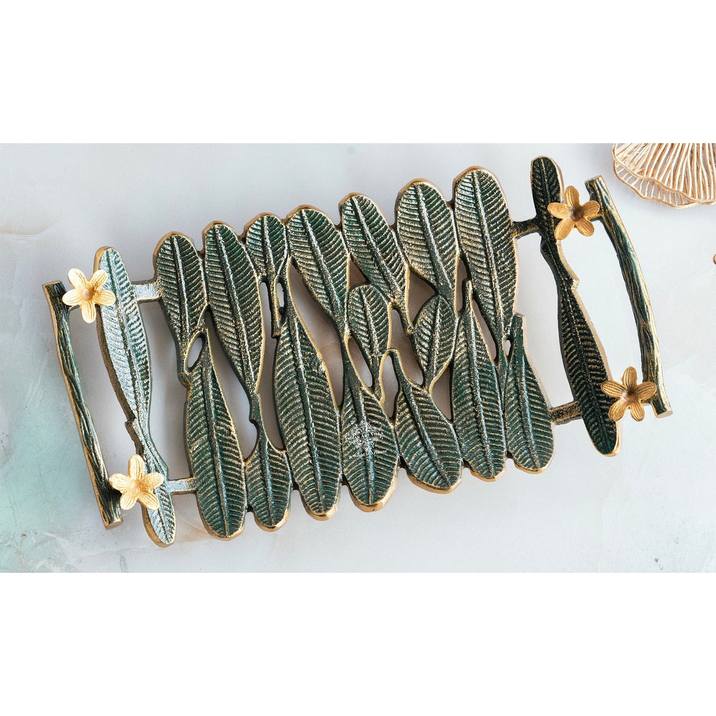 Brass Finish Banana Leaf Design Decorative Tray – Green & Gold Rectangular Serving Tray, Multi-Purpose Organizer for Home, Festive Décor, and Gifting