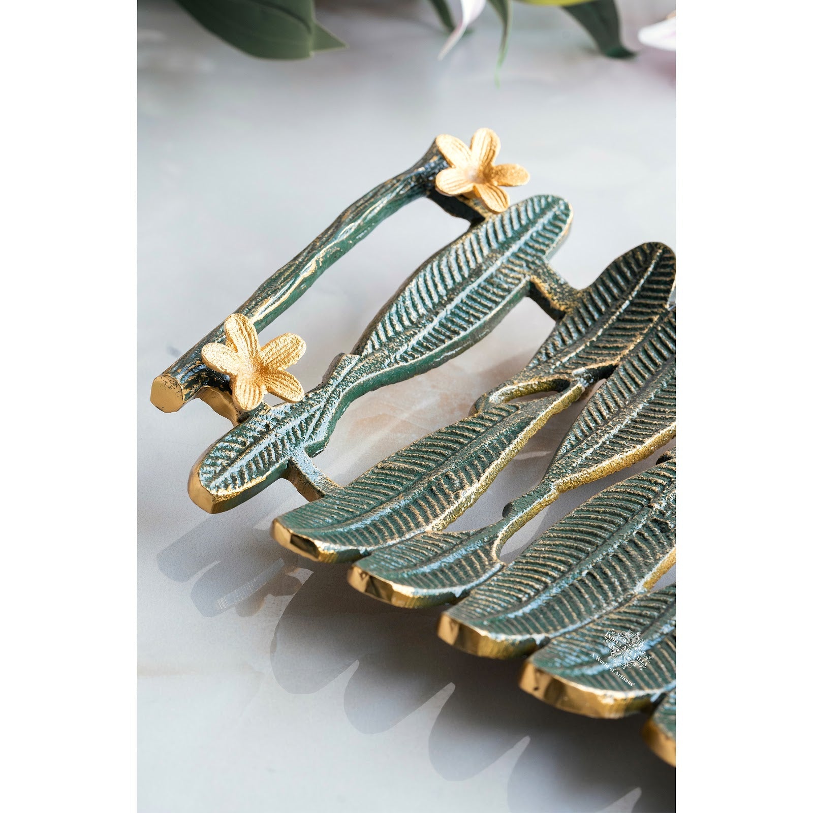 Brass Finish Banana Leaf Design Decorative Tray – Green & Gold Rectangular Serving Tray, Multi-Purpose Organizer for Home, Festive Décor, and Gifting