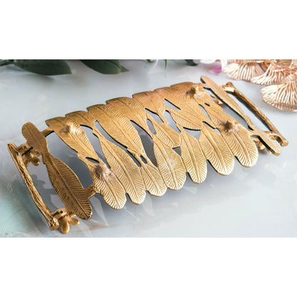 Brass Finish Banana Leaf Design Decorative Tray – Green & Gold Rectangular Serving Tray, Multi-Purpose Organizer for Home, Festive Décor, and Gifting