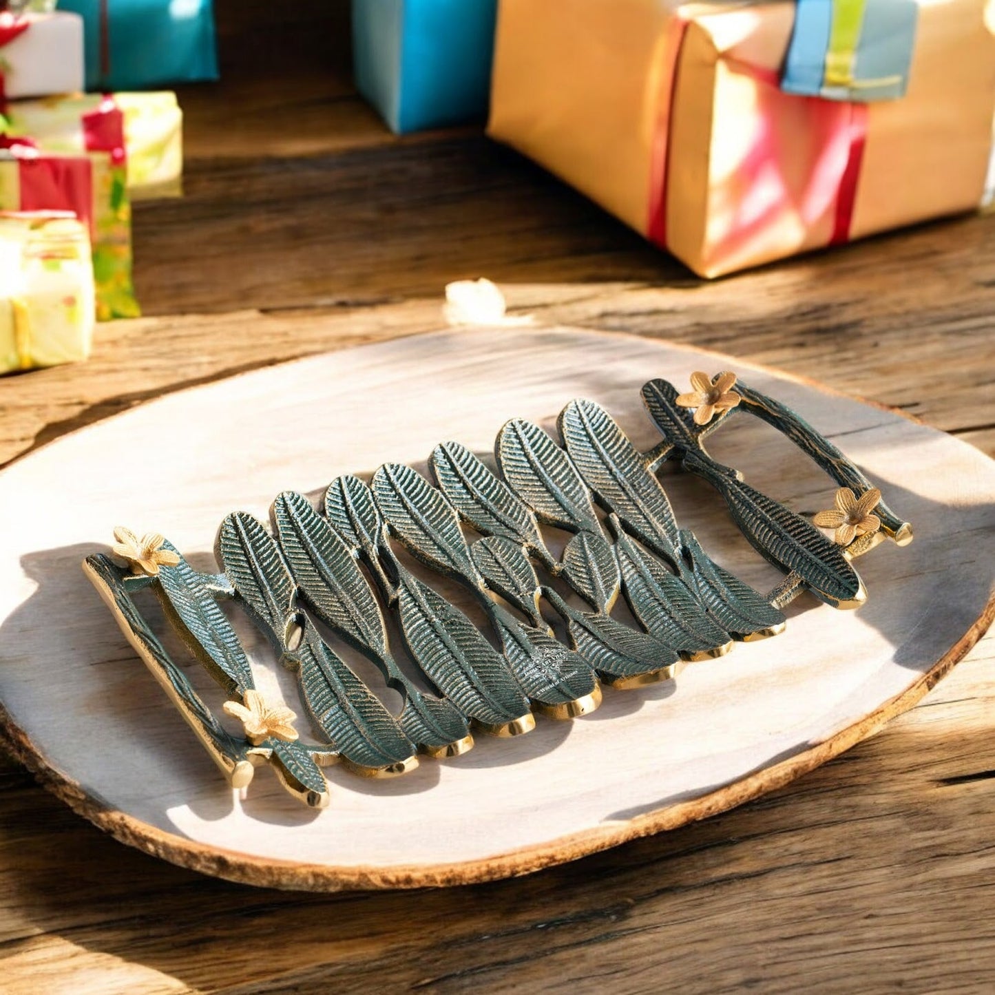 Brass Finish Banana Leaf Design Decorative Tray – Green & Gold Rectangular Serving Tray, Multi-Purpose Organizer for Home, Festive Décor, and Gifting