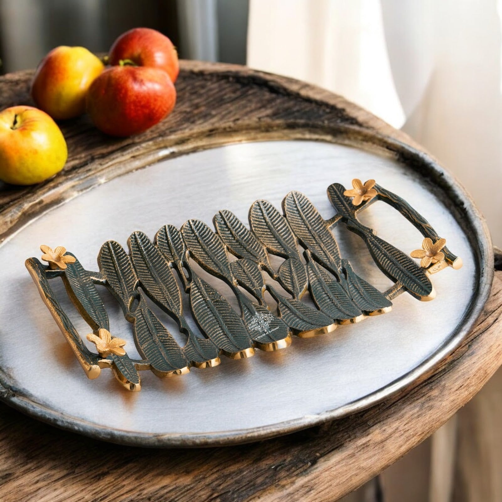 Brass Finish Banana Leaf Design Decorative Tray – Green & Gold Rectangular Serving Tray, Multi-Purpose Organizer for Home, Festive Décor, and Gifting