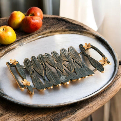 Brass Finish Banana Leaf Design Decorative Tray – Green & Gold Rectangular Serving Tray, Multi-Purpose Organizer for Home, Festive Décor, and Gifting