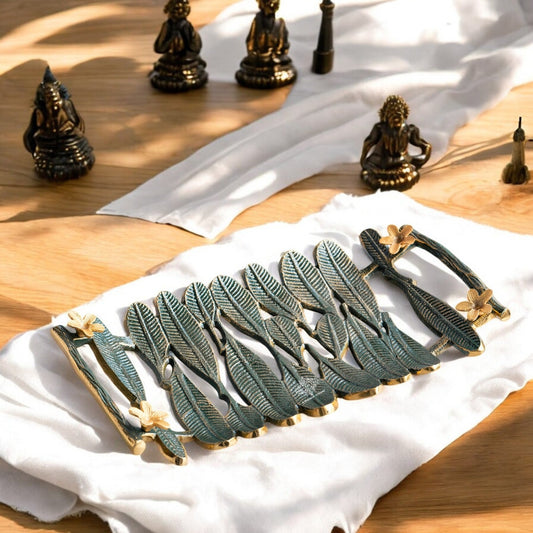Brass Finish Banana Leaf Design Decorative Tray – Green & Gold Rectangular Serving Tray, Multi-Purpose Organizer for Home, Festive Décor, and Gifting