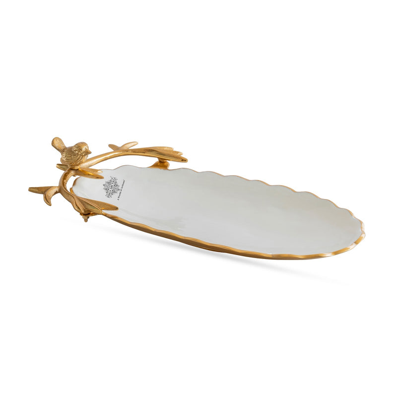 Brass Finish Decorative Serving Platter with Bird Design – 43 CM Oval Shape, Elegant Tableware for Home, Kitchen, Parties, Weddings, and Gifting
