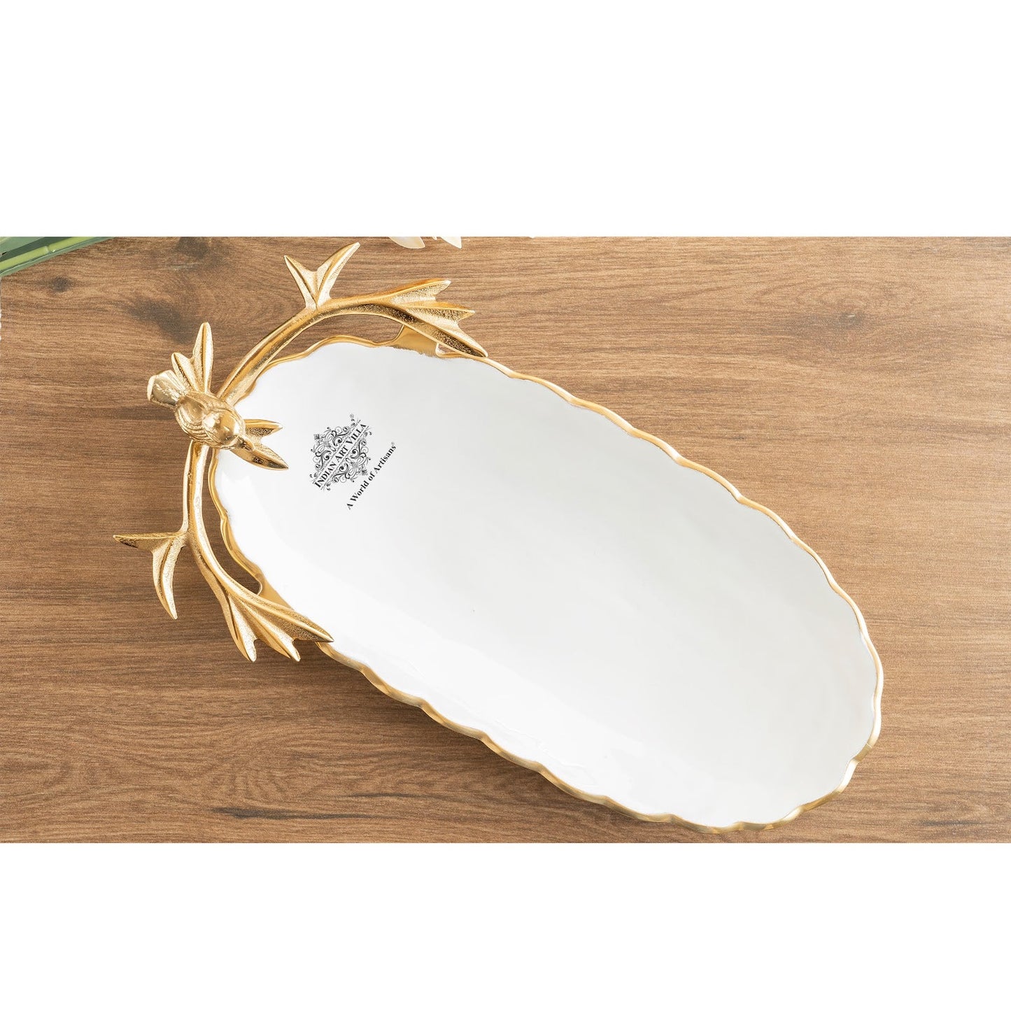 Brass Finish Decorative Serving Platter with Bird Design – 43 CM Oval Shape, Elegant Tableware for Home, Kitchen, Parties, Weddings, and Gifting