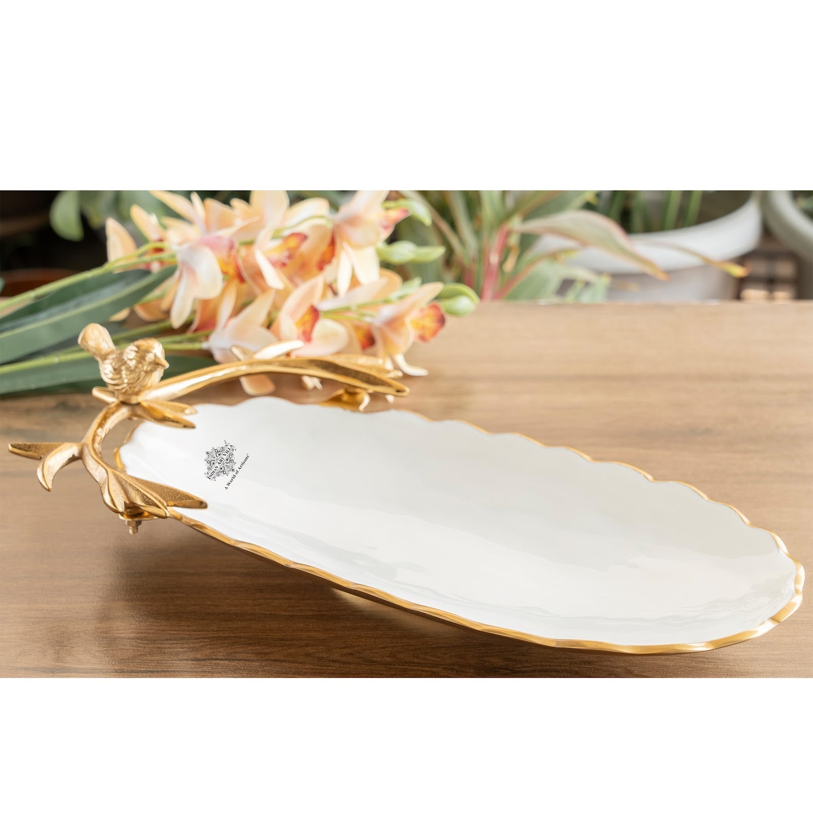 Brass Finish Decorative Serving Platter with Bird Design – 43 CM Oval Shape, Elegant Tableware for Home, Kitchen, Parties, Weddings, and Gifting