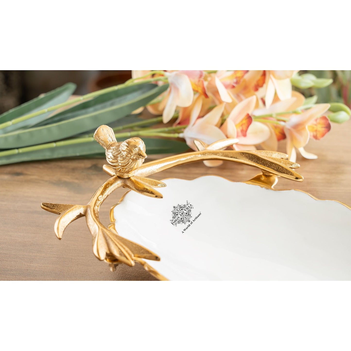 Brass Finish Decorative Serving Platter with Bird Design – 43 CM Oval Shape, Elegant Tableware for Home, Kitchen, Parties, Weddings, and Gifting