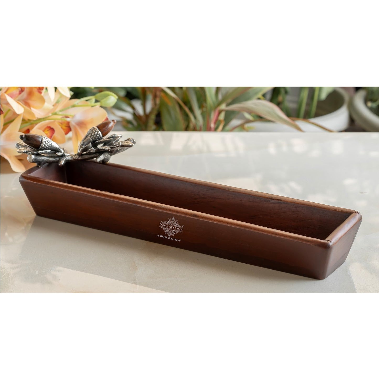 Wooden Rectangle Platter Tray – 14.6 Inch, Flower & Leaf Design, Elegant Wooden Serving Tray for Dining, Home Decor, Kitchen, and Gifting