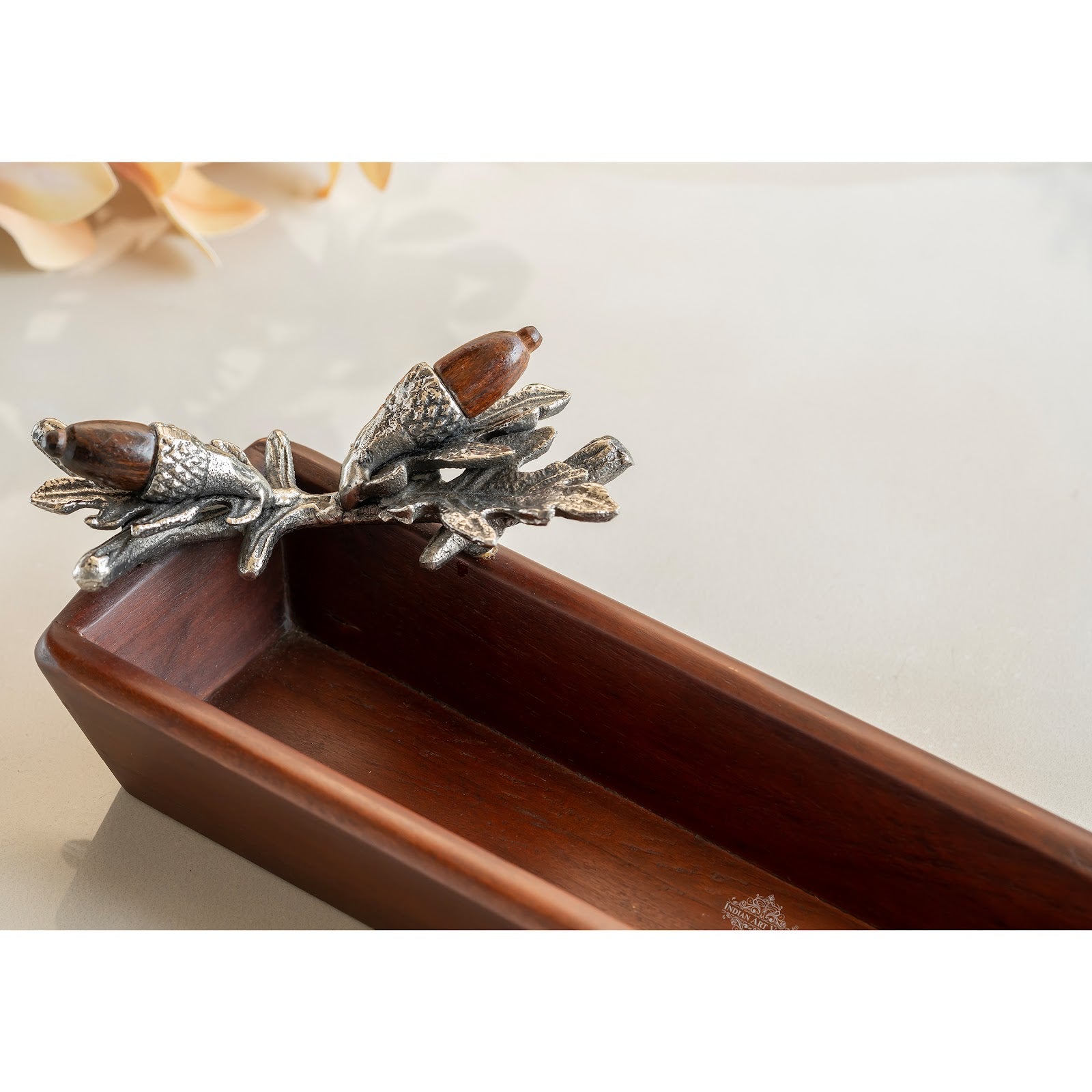 Wooden Rectangle Platter Tray – 14.6 Inch, Flower & Leaf Design, Elegant Wooden Serving Tray for Dining, Home Decor, Kitchen, and Gifting