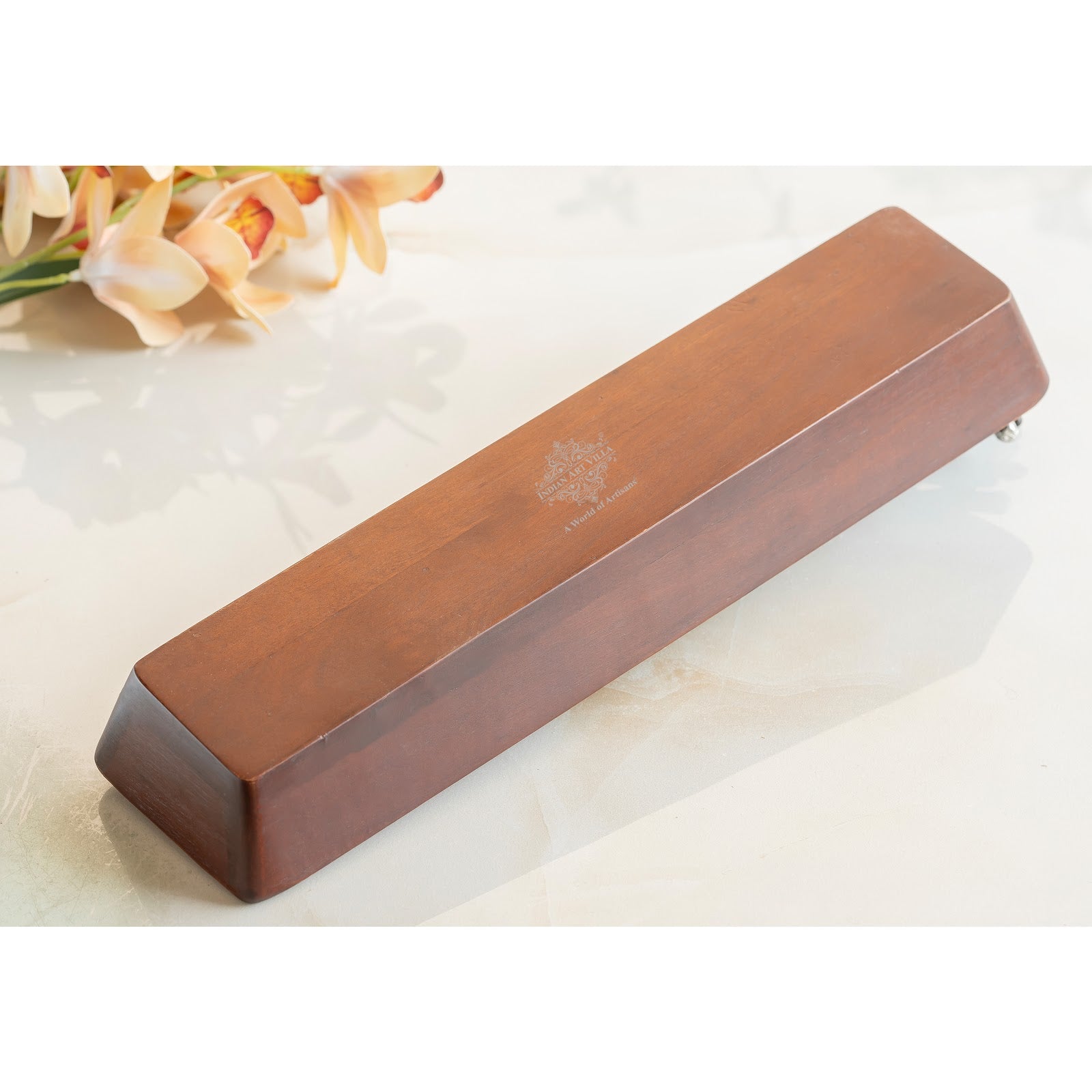 Wooden Rectangle Platter Tray – 14.6 Inch, Flower & Leaf Design, Elegant Wooden Serving Tray for Dining, Home Decor, Kitchen, and Gifting