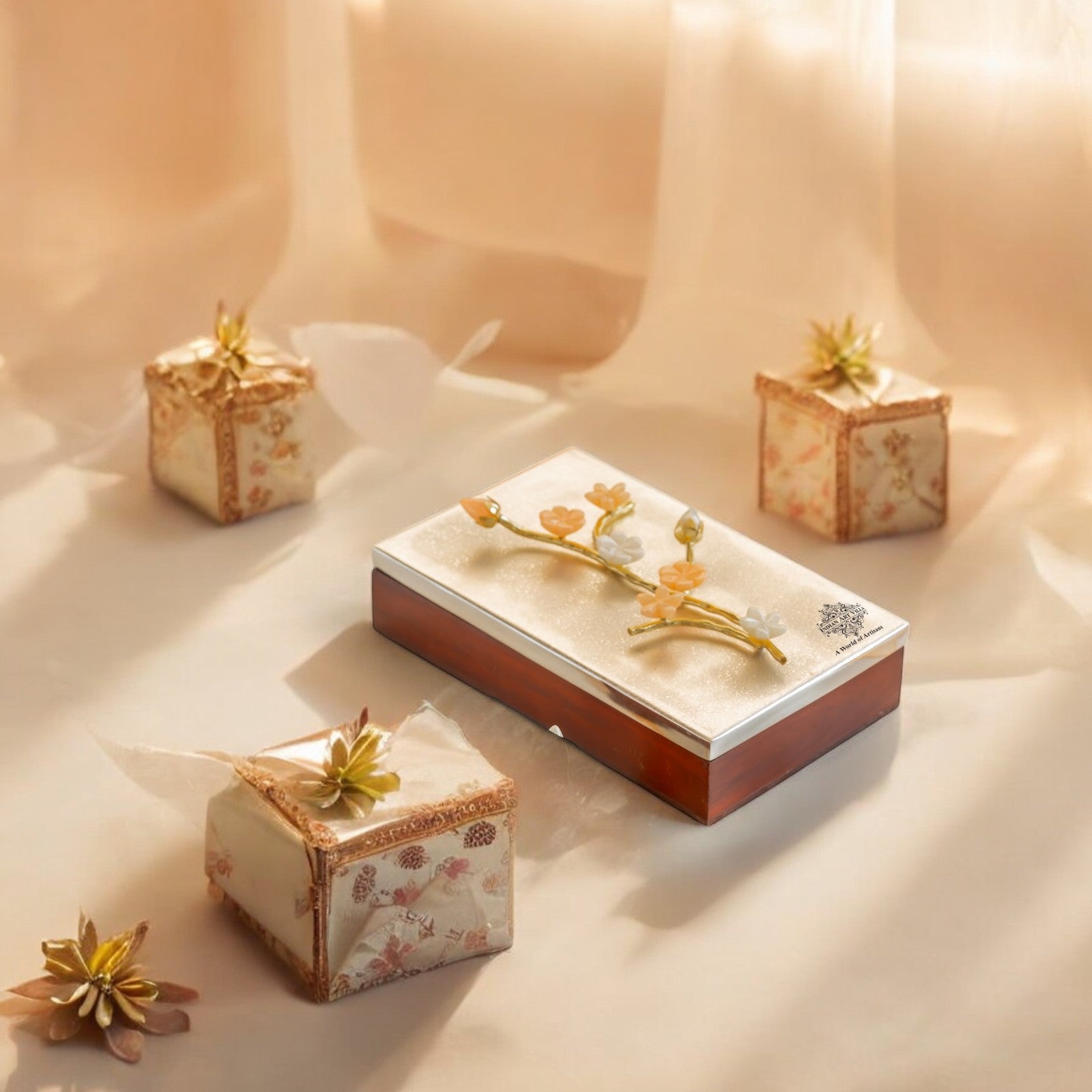 Wooden Decorative Box with Silver-Plated Leaf and Flower Design
